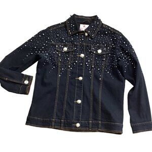Quacker Factory XS  Black Denim/Jean Jacket Pearl Buttons Beads and Studs 57X